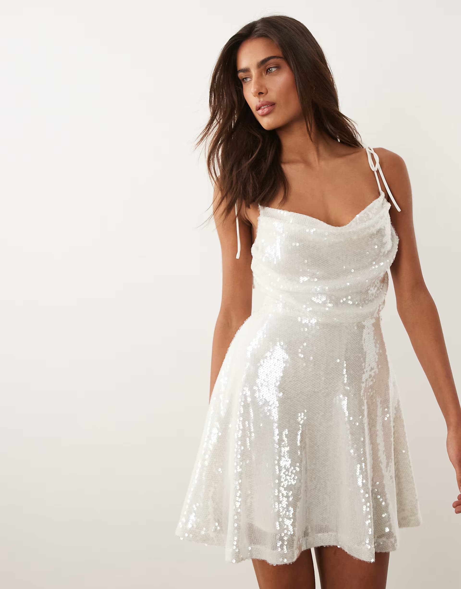 ASOS Rare London sequin ruched bust tie back floaty mini dress in white