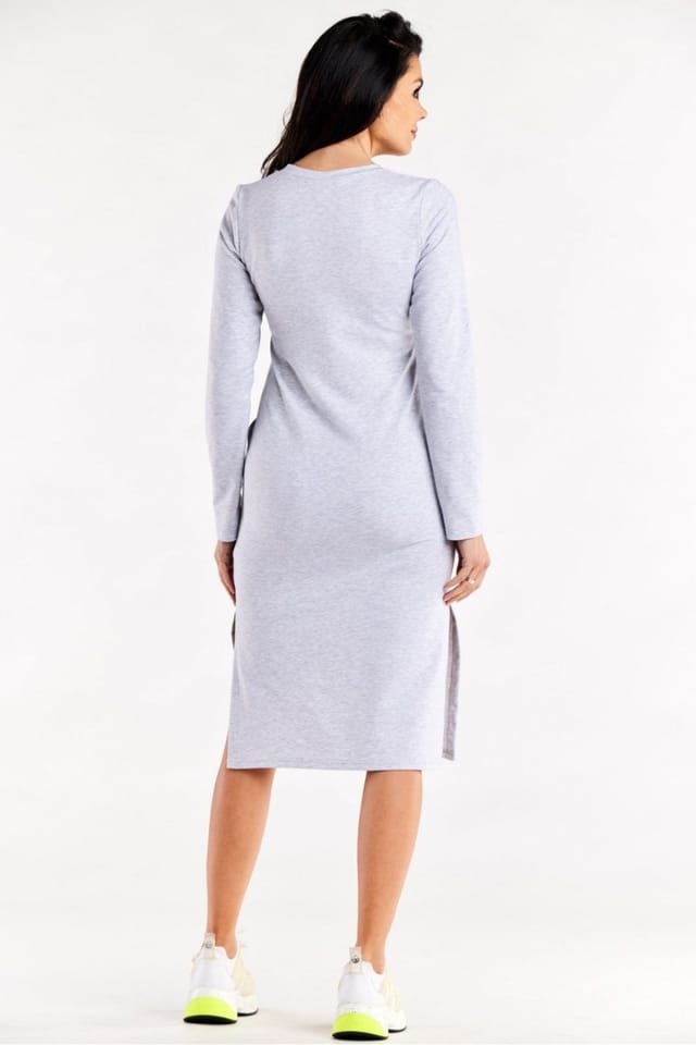 Love Lace Love Lace Women's Heart Neck Fitted Long Sleeve Slit Dress Pockets Style 188062 in Grey - 3