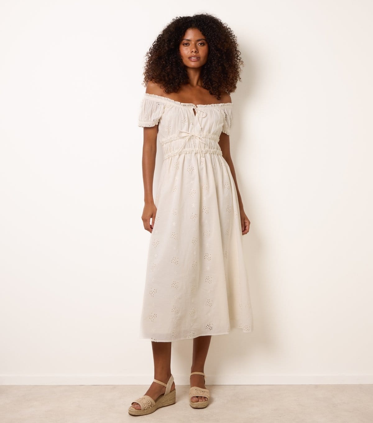 Blue Vanilla Off White Broderie Anglaise Off-Shoulder Midi Dress