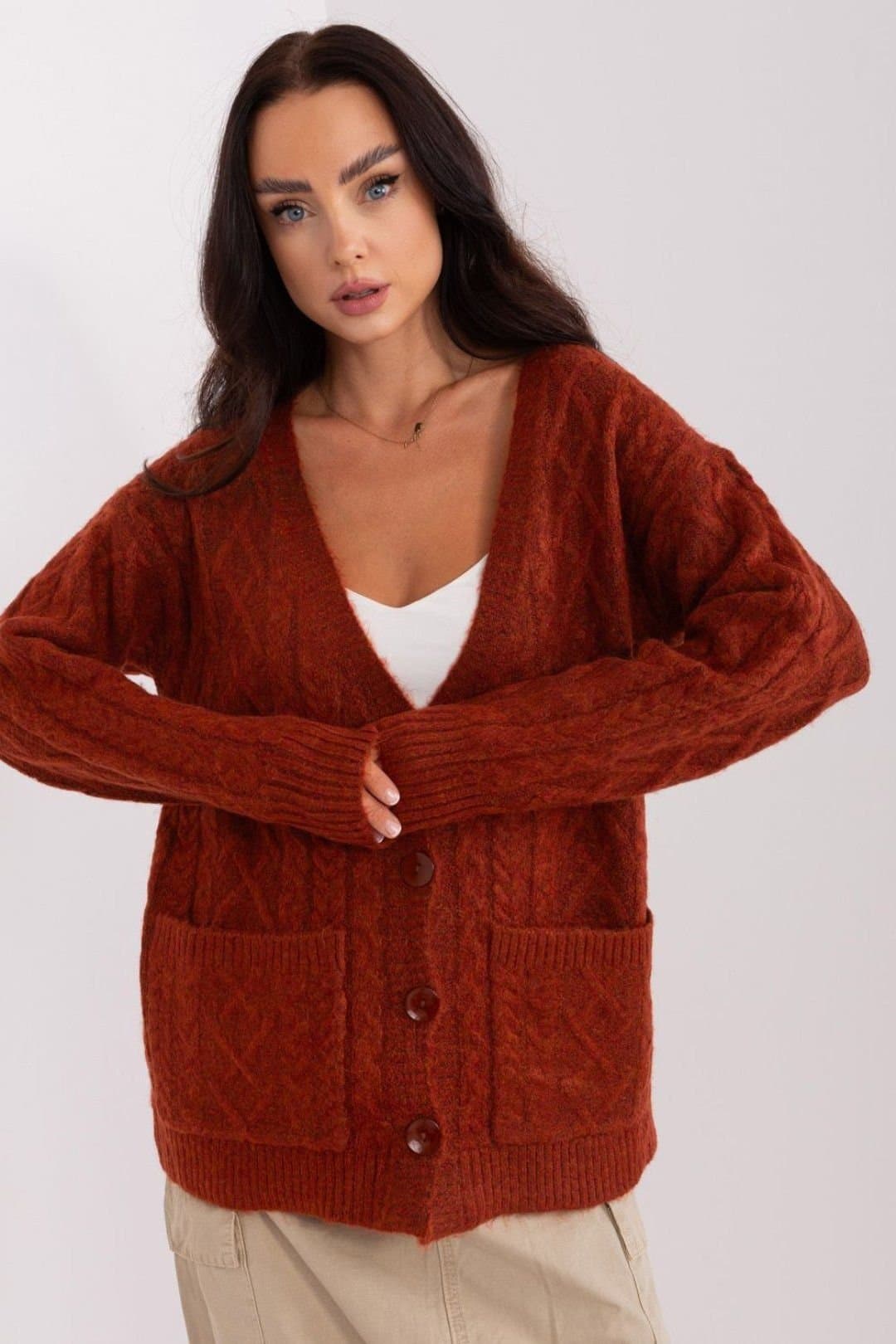 Love Lace Love Lace Women's Variegated Texture V Neck Cardigan with Buttons in Burnt Orange