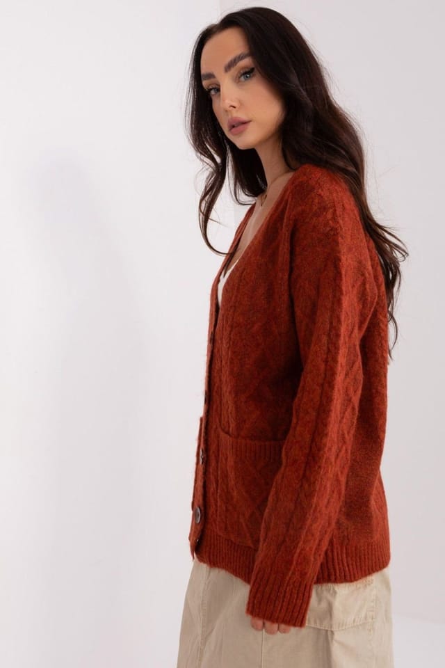 Love Lace Love Lace Women's Variegated Texture V Neck Cardigan with Buttons in Burnt Orange - 2