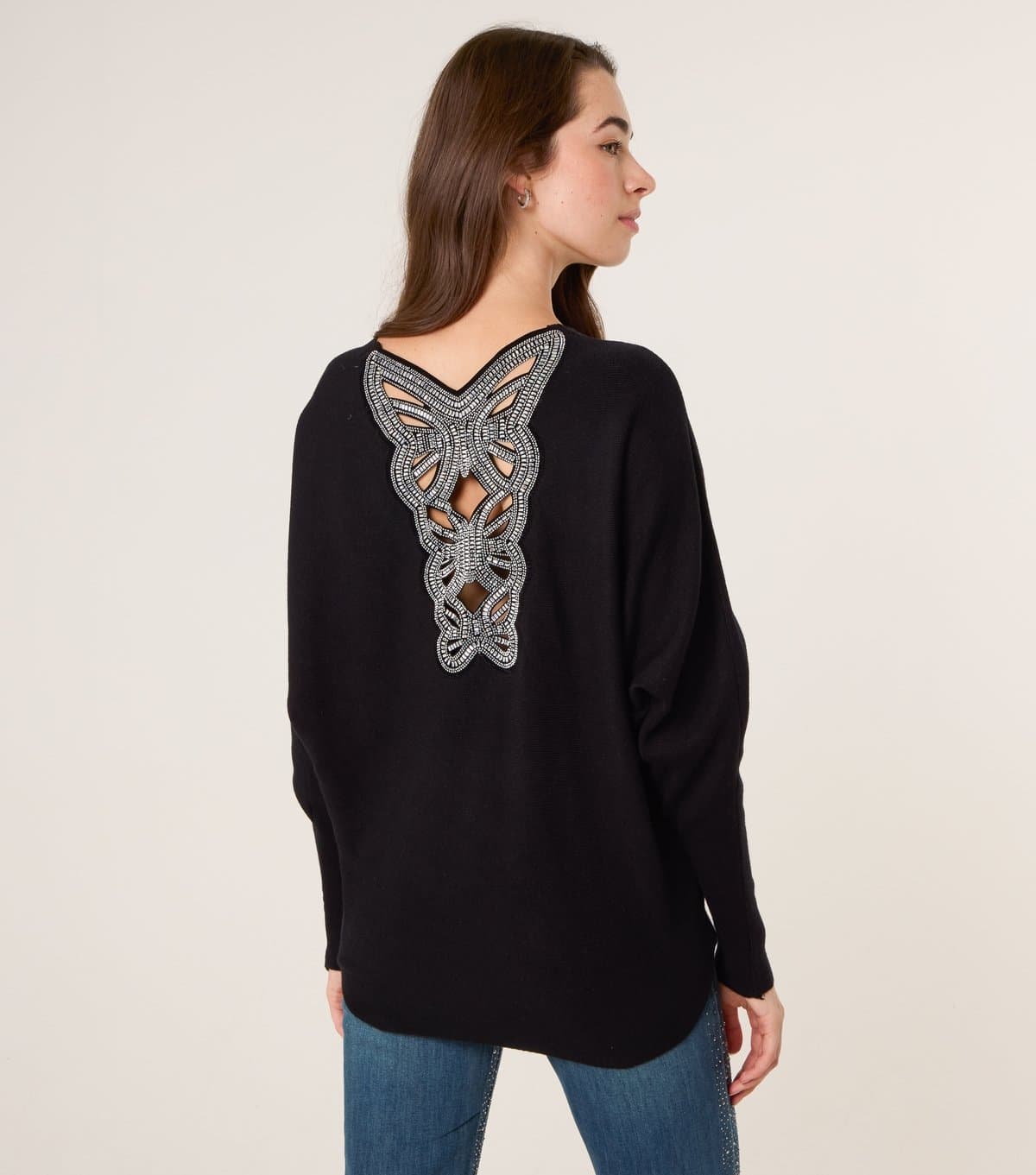 Blue Vanilla Women's Black Embellished Cut Out Back Batwing Jumper Blue Vanilla New Look