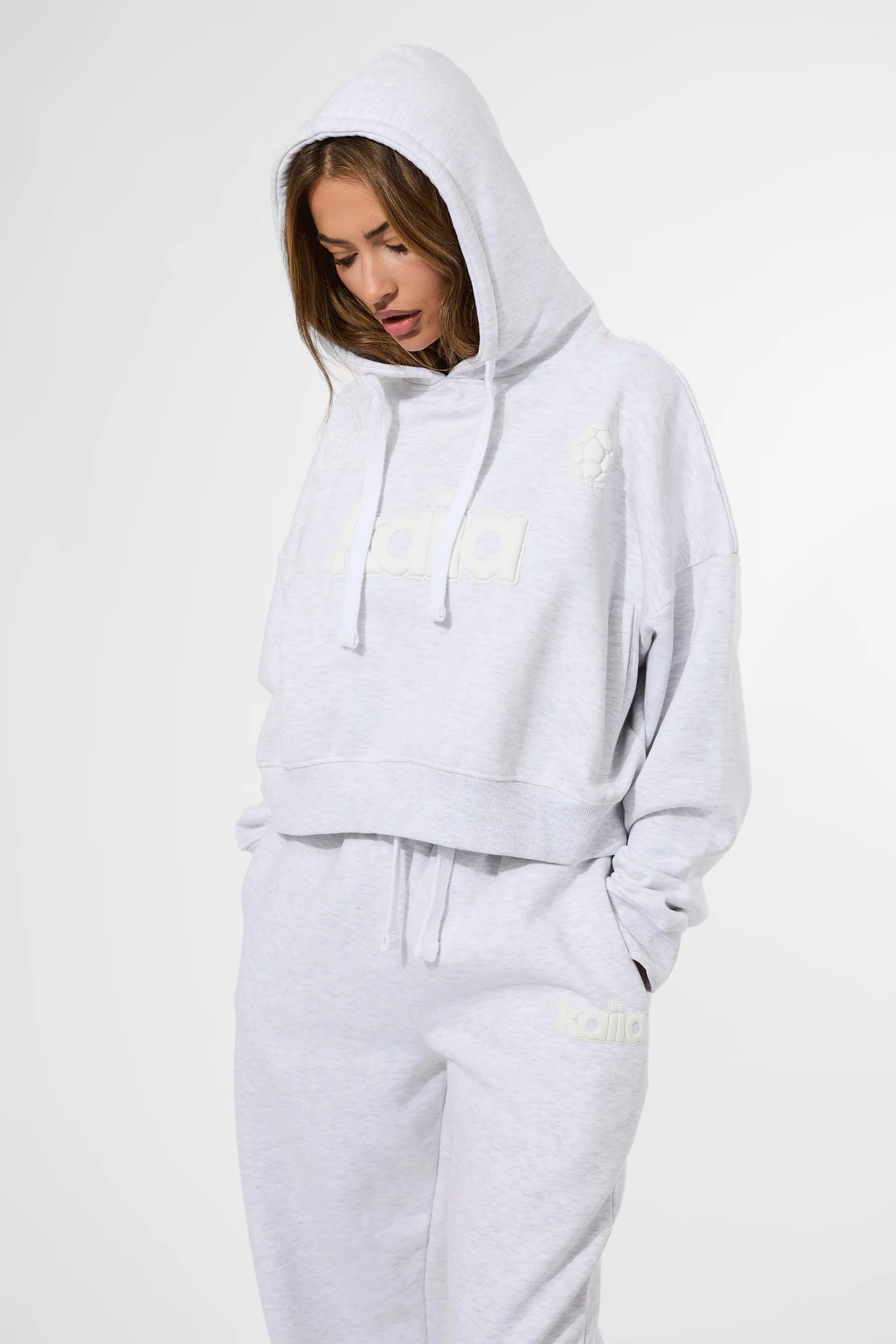 Kaiia Kaiia Puff Print Cropped Oversized Hoodie Ash Grey Marl - 4