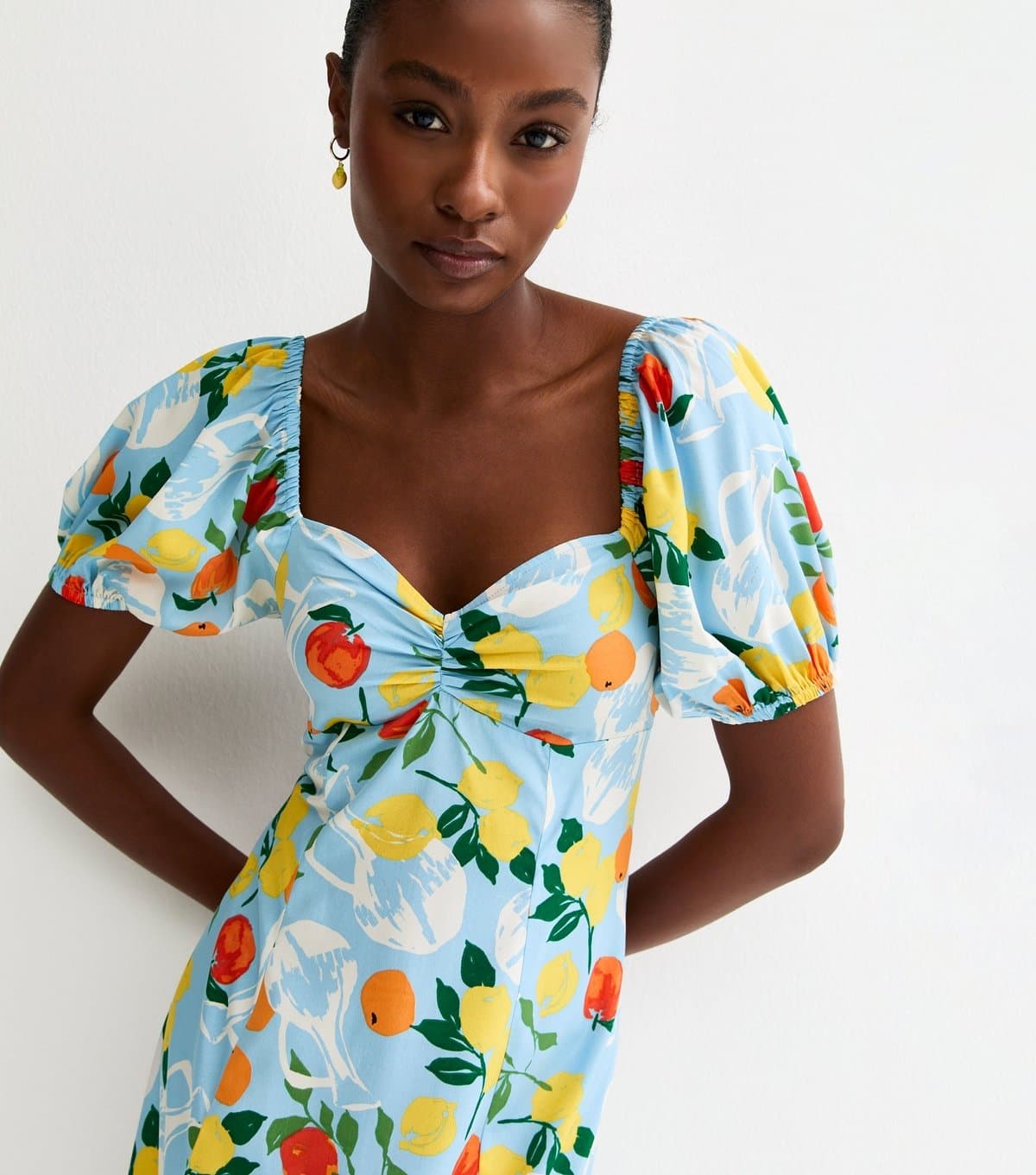 New Look Women's Light Blue Crepe Fruit Print Midi Dress New Look