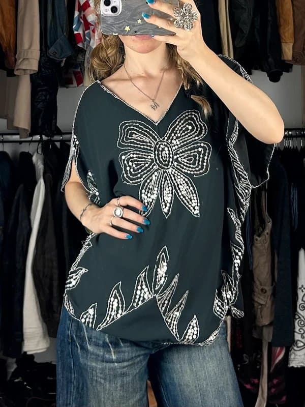 New Look vintage New Look grey sequinned batwing top / poncho festival boho indie hippie