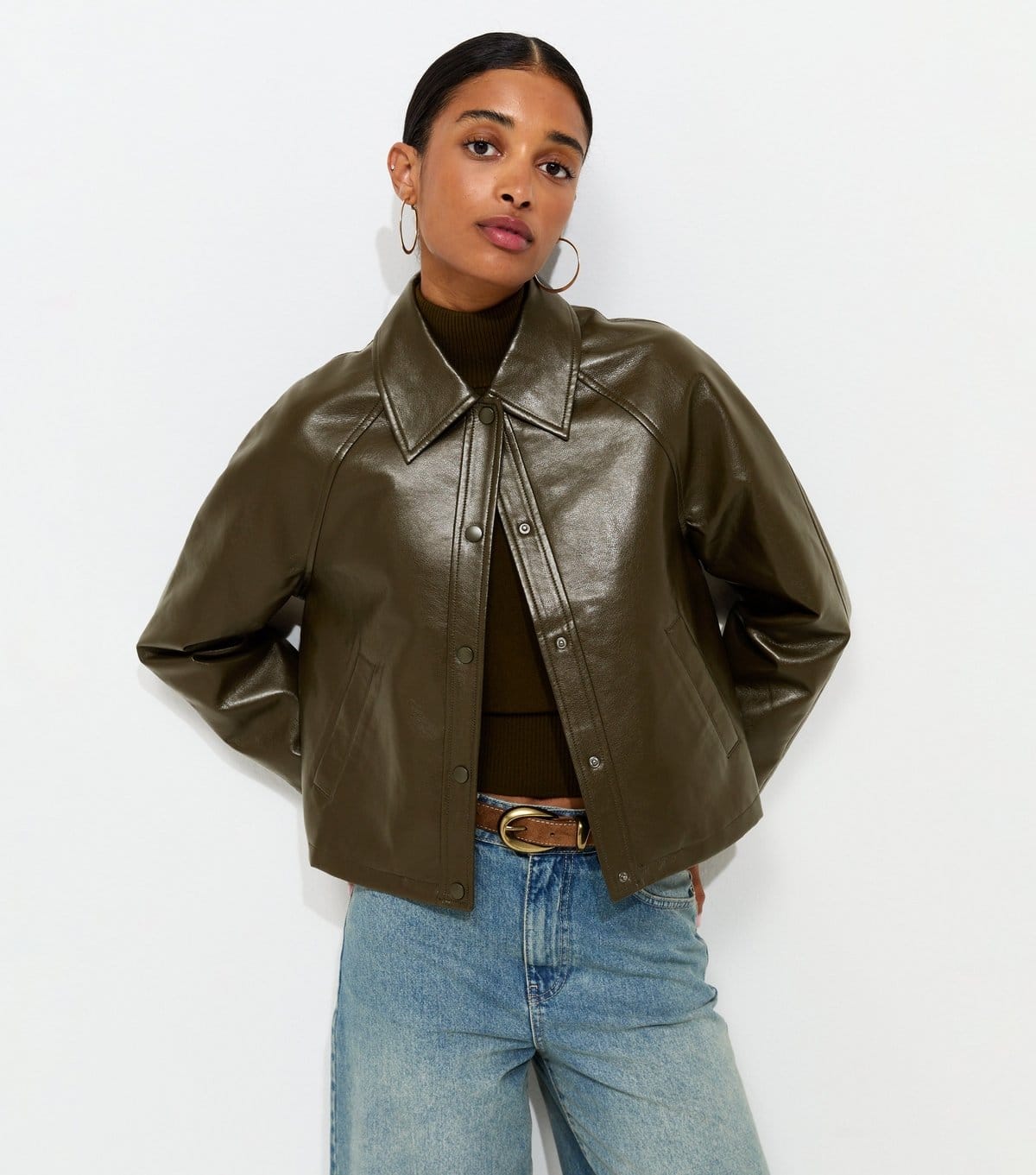 New Look Women's Light Khaki Faux Leather Collared Jacket New Look - 1