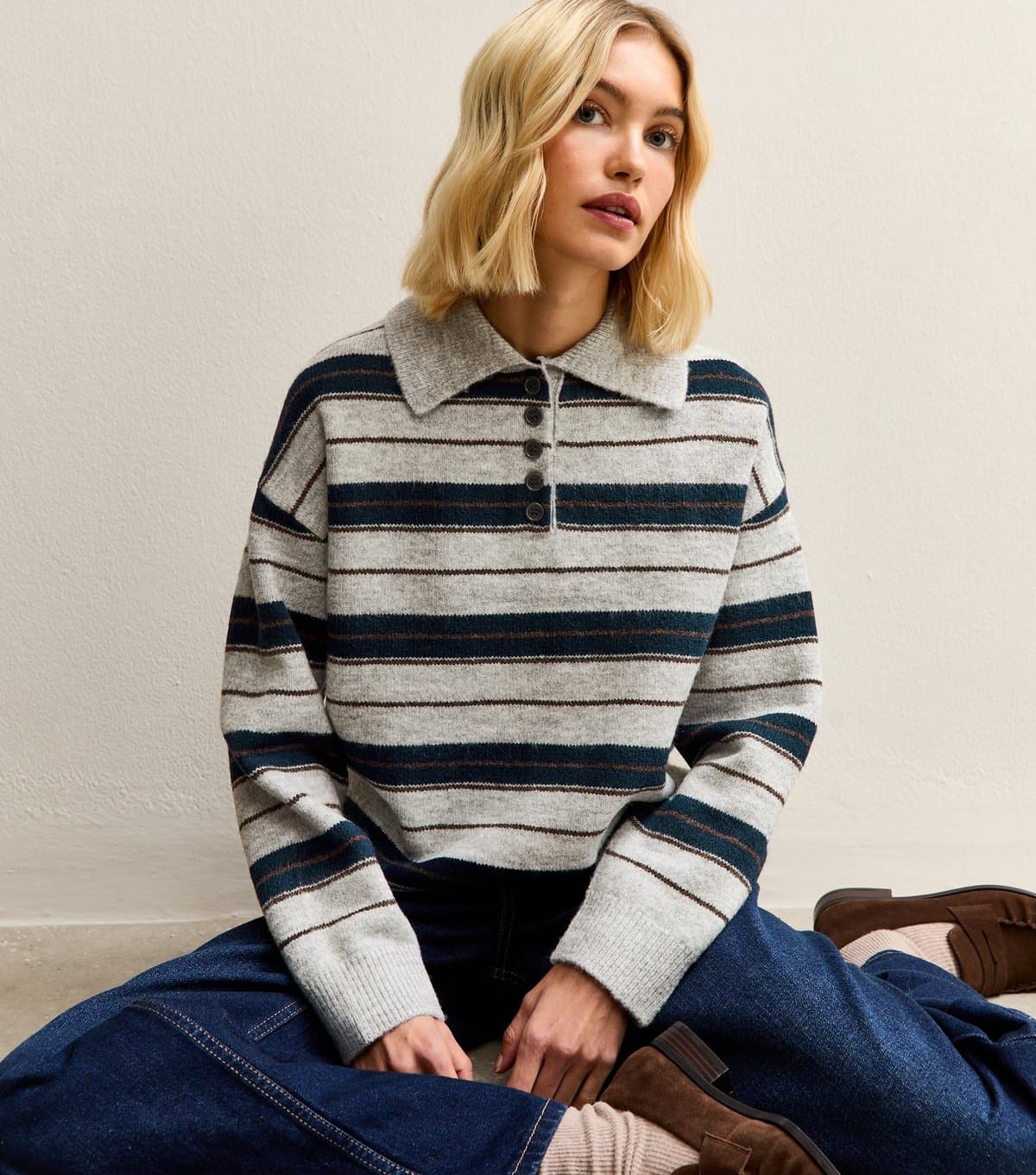 New Look Women's Grey Striped Knit Polo Jumper New Look