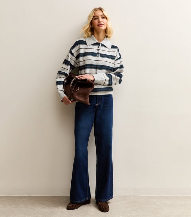 New Look Women's Grey Striped Knit Polo Jumper New Look - 3