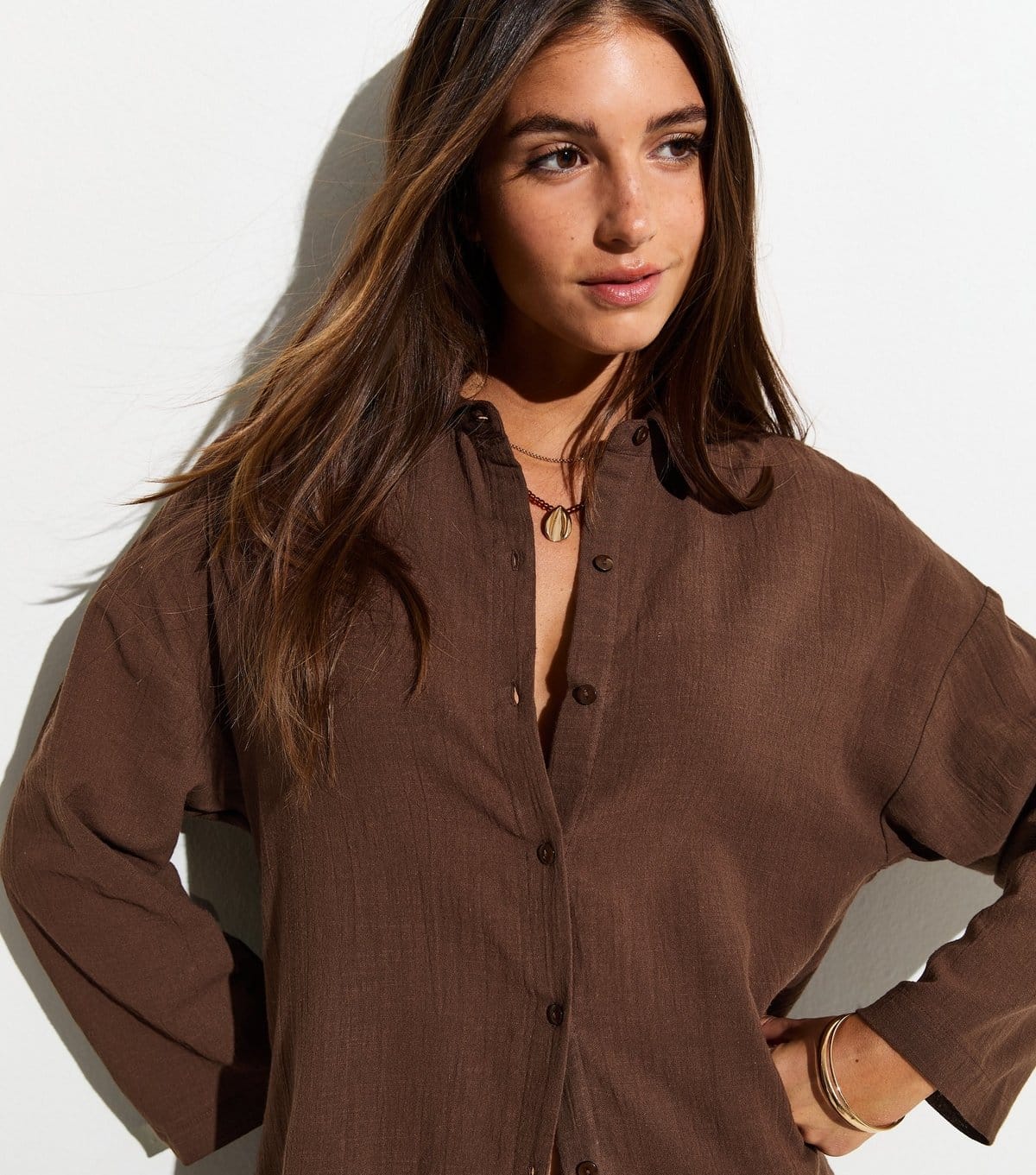 New Look Dark Brown Cotton Slub Beach Shirt