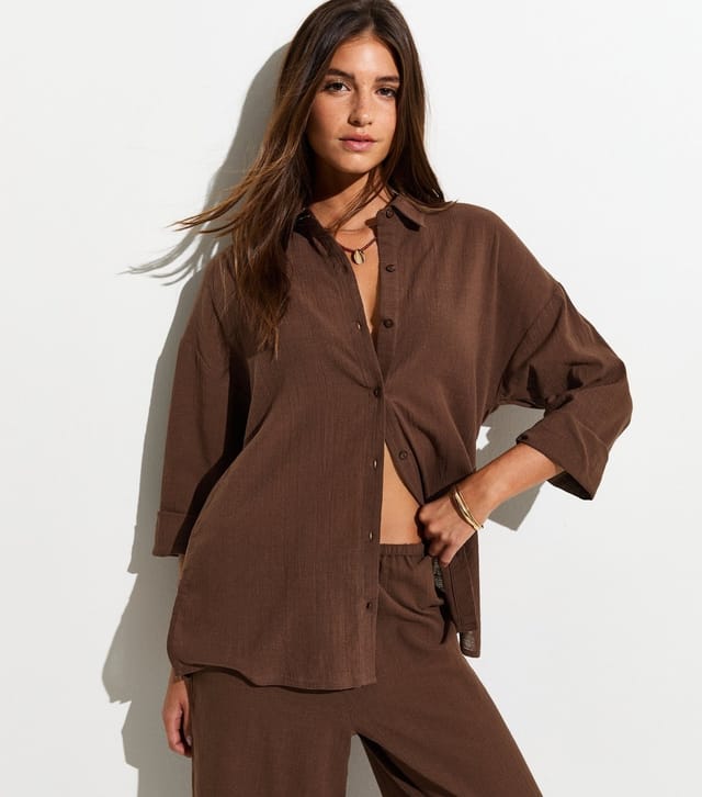 New Look Women's Dark Brown Cotton Slub Beach Shirt New Look - 2