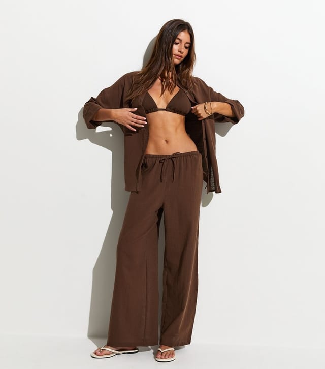 New Look Women's Dark Brown Cotton Slub Beach Shirt New Look - 3