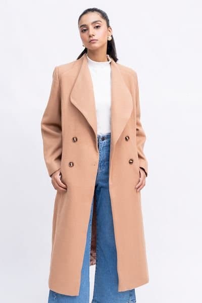 Zafosh Zafosh Women's Relaxed Fit Wool Blend Double Breasted Buttoned Over coat in Light Brown