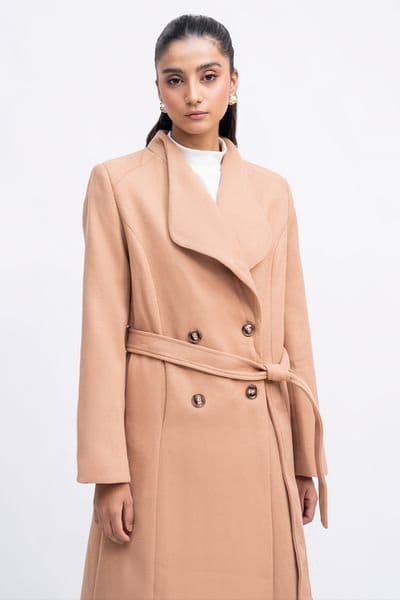 Zafosh Zafosh Women's Relaxed Fit Wool Blend Double Breasted Buttoned Over coat in Light Brown - 2