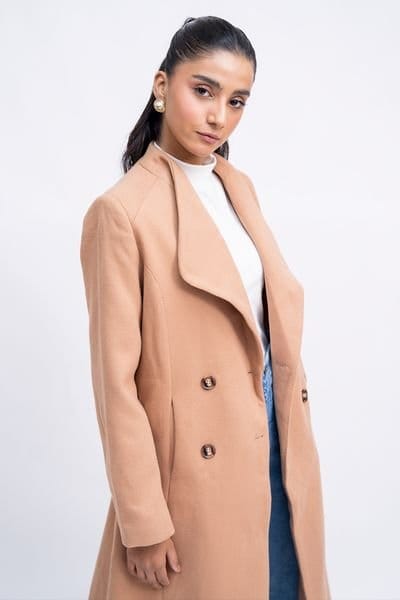 Zafosh Zafosh Women's Relaxed Fit Wool Blend Double Breasted Buttoned Over coat in Light Brown - 3
