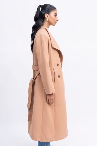 Zafosh Zafosh Women's Relaxed Fit Wool Blend Double Breasted Buttoned Over coat in Light Brown - 4