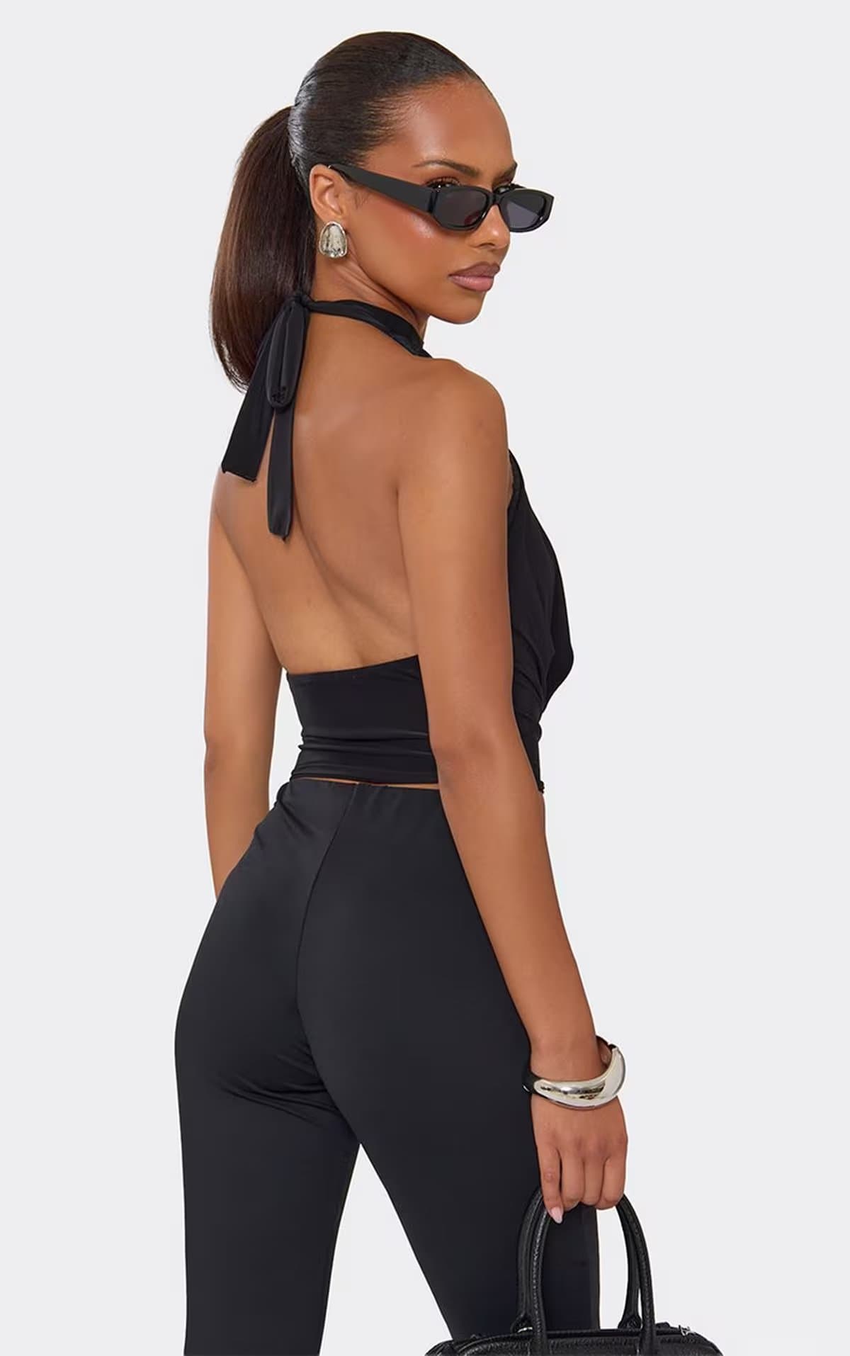 EGO High Neck Lace Trim Keyhole Cut Out Top In Black, Women's Size UK 6