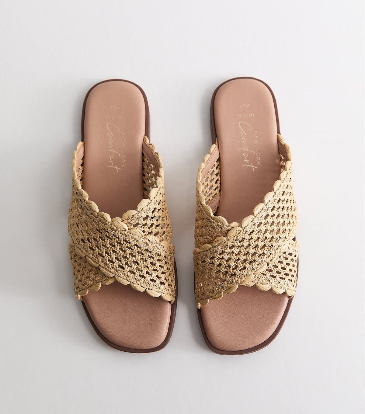 New Look Women's Wide Fit Off White Woven Raffia Look Flat Mules Vegan New Look