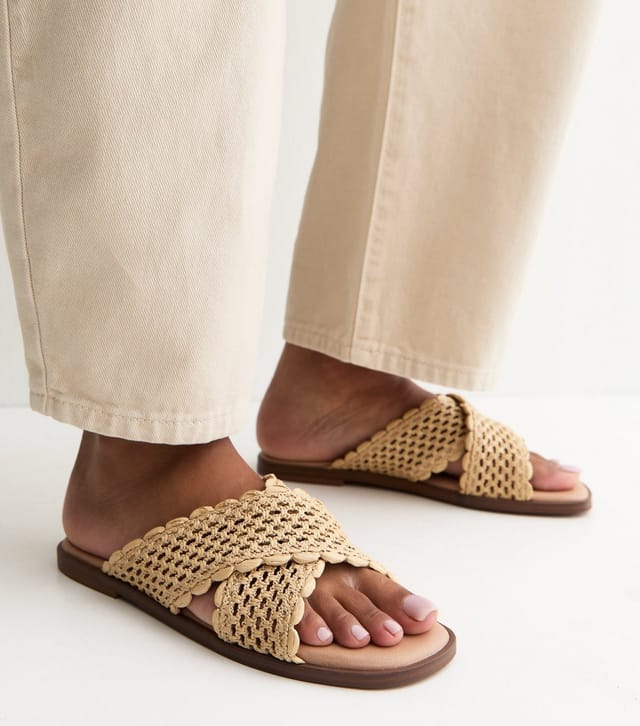 New Look Women's Wide Fit Off White Woven Raffia Look Flat Mules Vegan New Look - 2