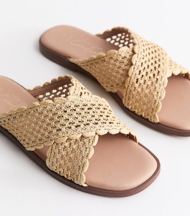 New Look Women's Wide Fit Off White Woven Raffia Look Flat Mules Vegan New Look - 3