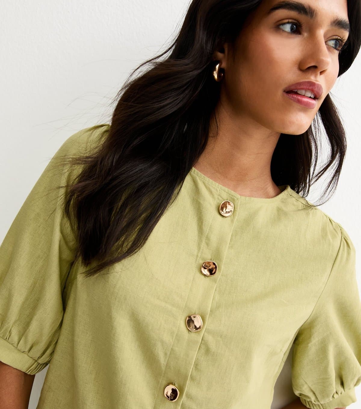 New Look Women's Green Linen Blend Gold Tone Textured Button Blouse New Look