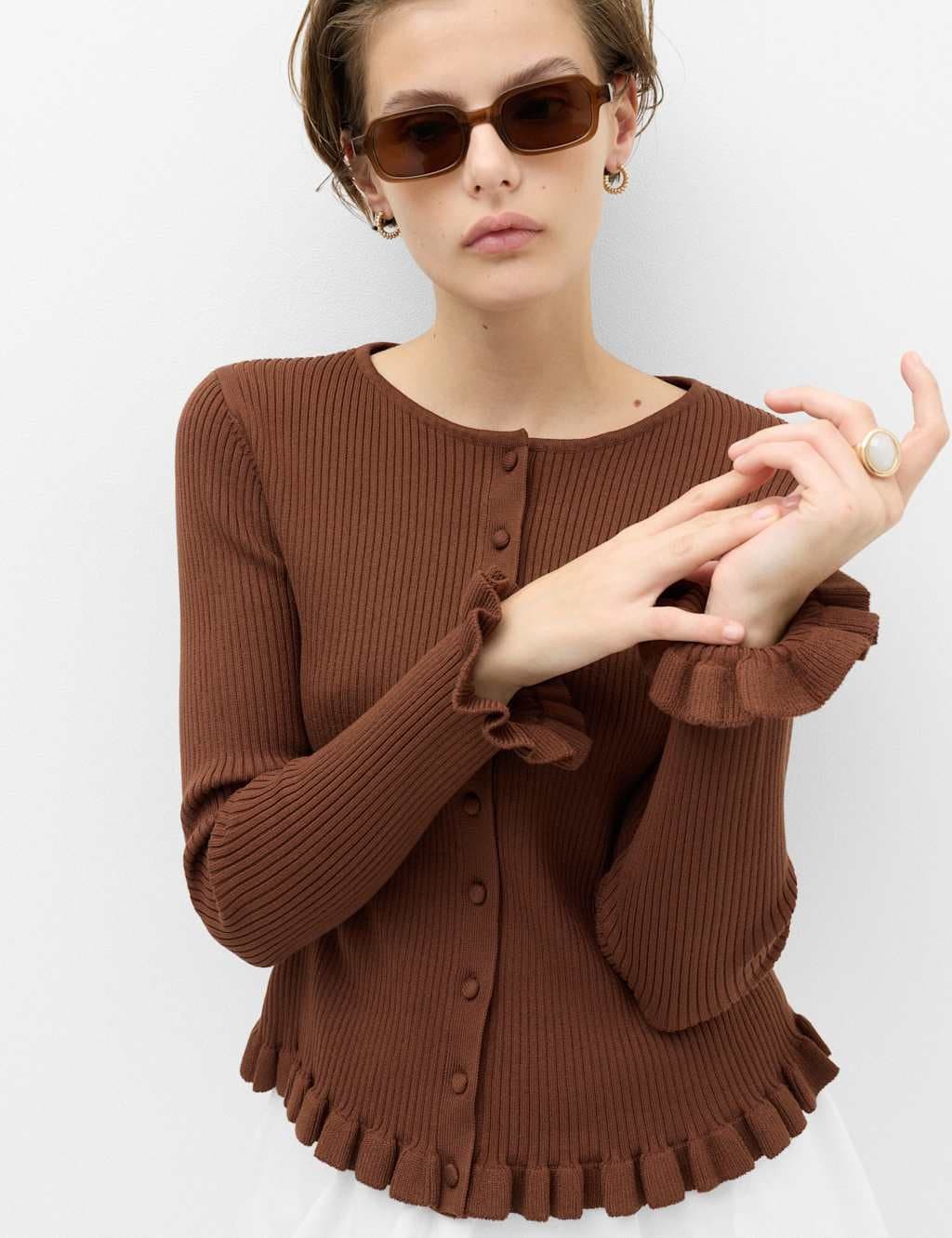 Marks & Spencer M&S Ribbed Frill Detail Slim Fit Cardigan Conker