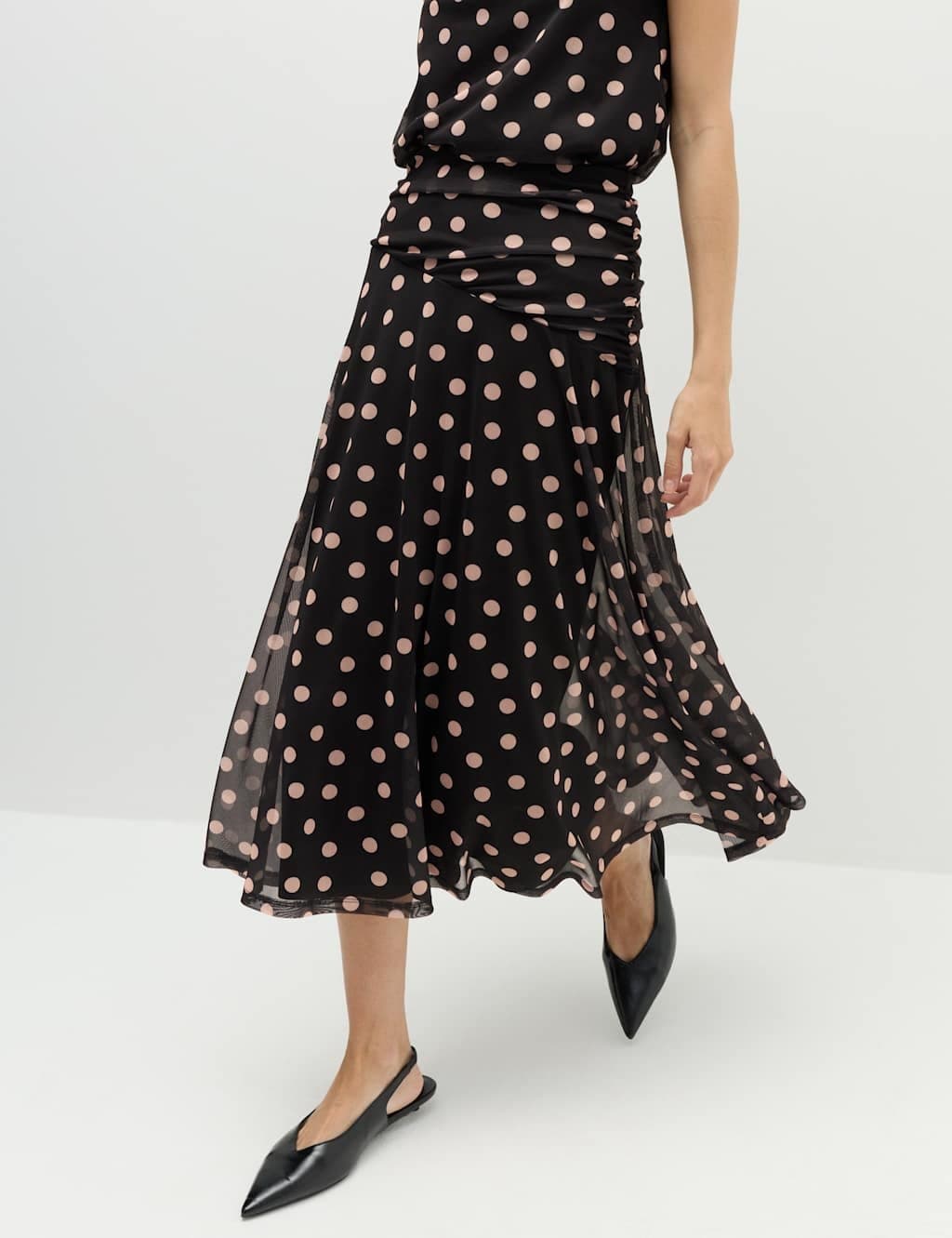 Marks & Spencer M&S Mesh Polka Dot Midi A-Line Skirt Black Mix