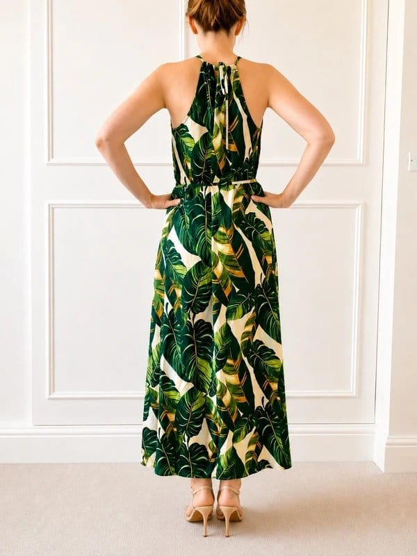 Shein Tropical Leaf Print Halterneck Maxi Dress / Size L (UK 12-14) / Tie Waist / Thigh Split - 1