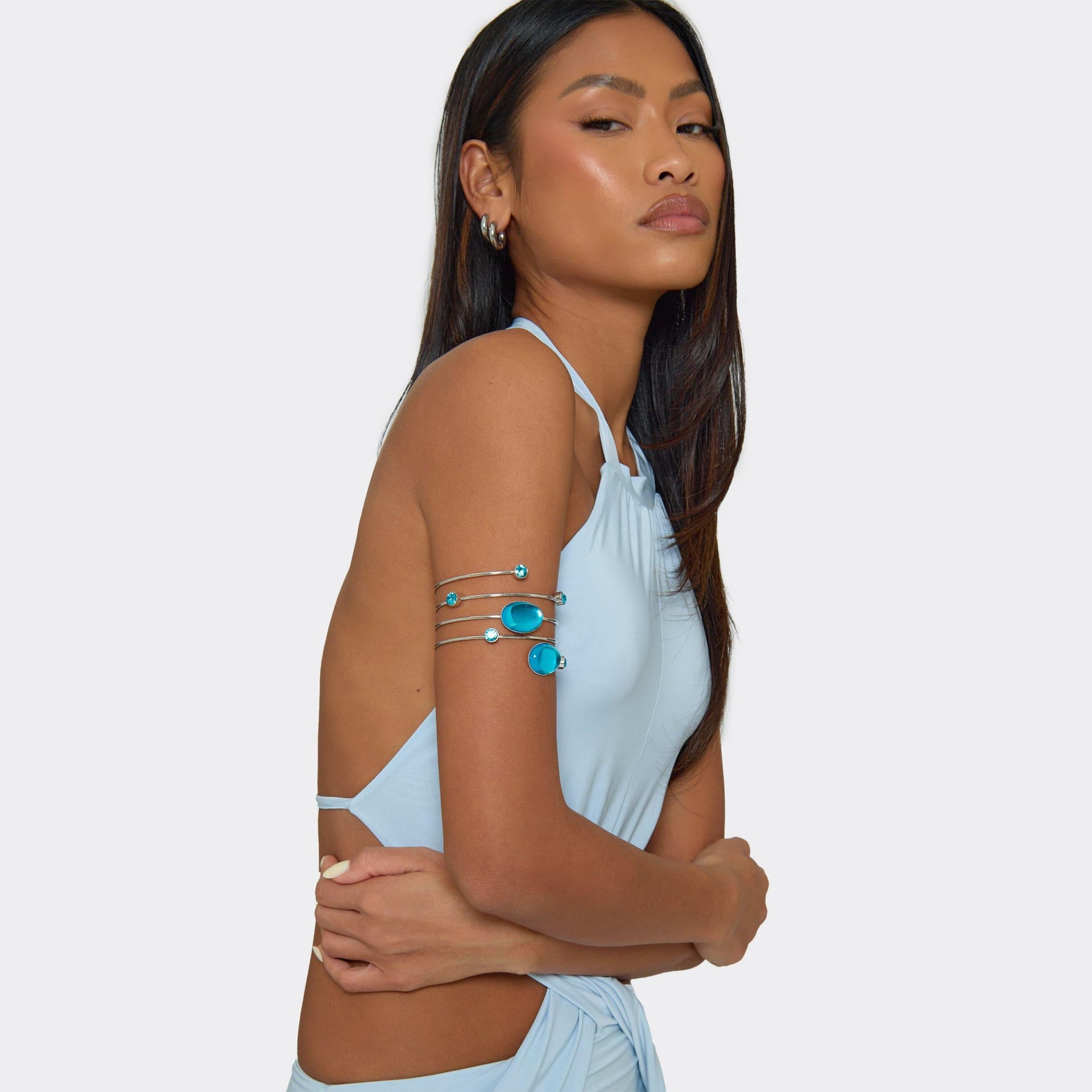 EGO Blue Gem Detail Bangle Arm Cuff In Silver, Women's Size UK 0