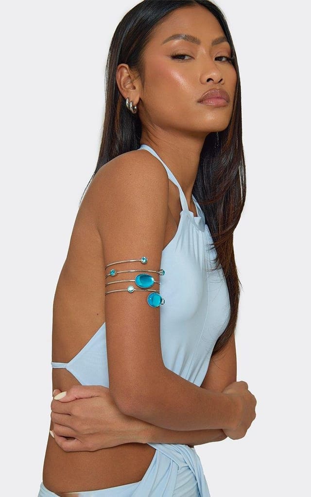 EGO Blue Gem Detail Bangle Arm Cuff In Silver, Women's Size UK 0 - 2