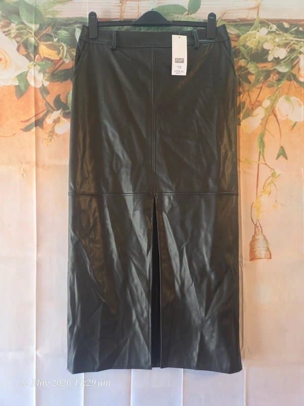 F&F F&F Black Faux Leather Midi Skirt with Front Split - Size 16