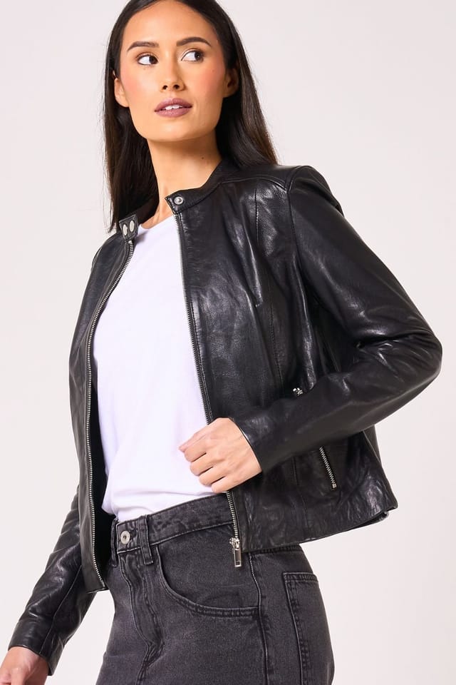 Barneys Originals Barneys Originals Women's Real Leather Racer Jacket in Black - 2
