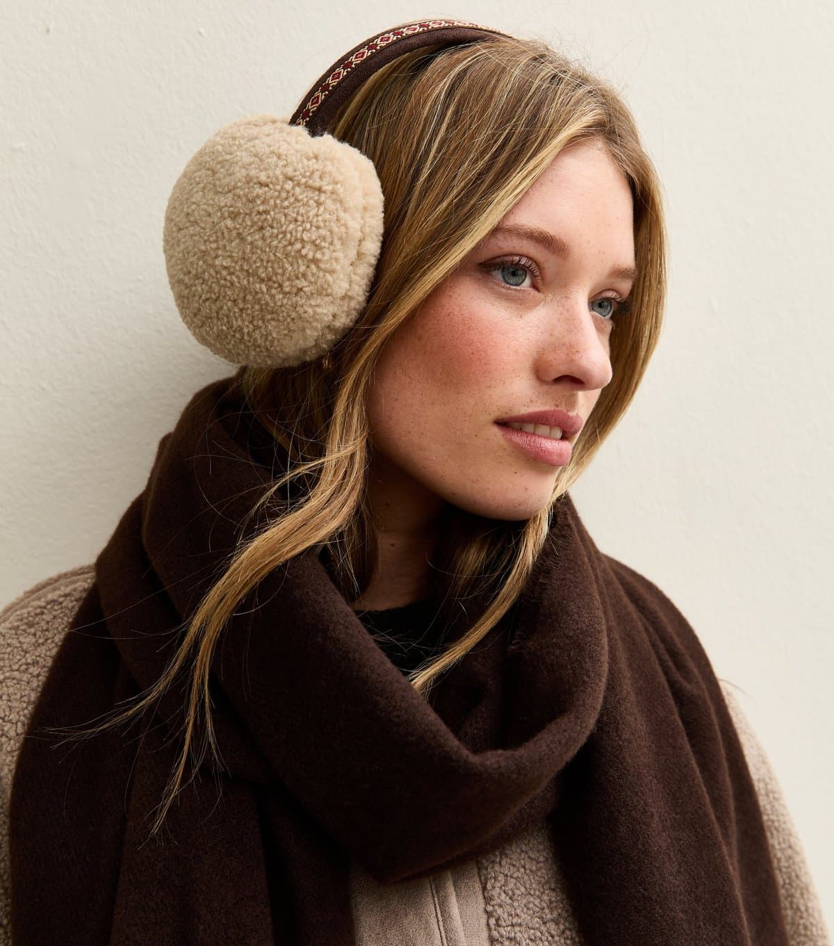 New Look Brown Embroidered Trim Borg Earmuff New Look