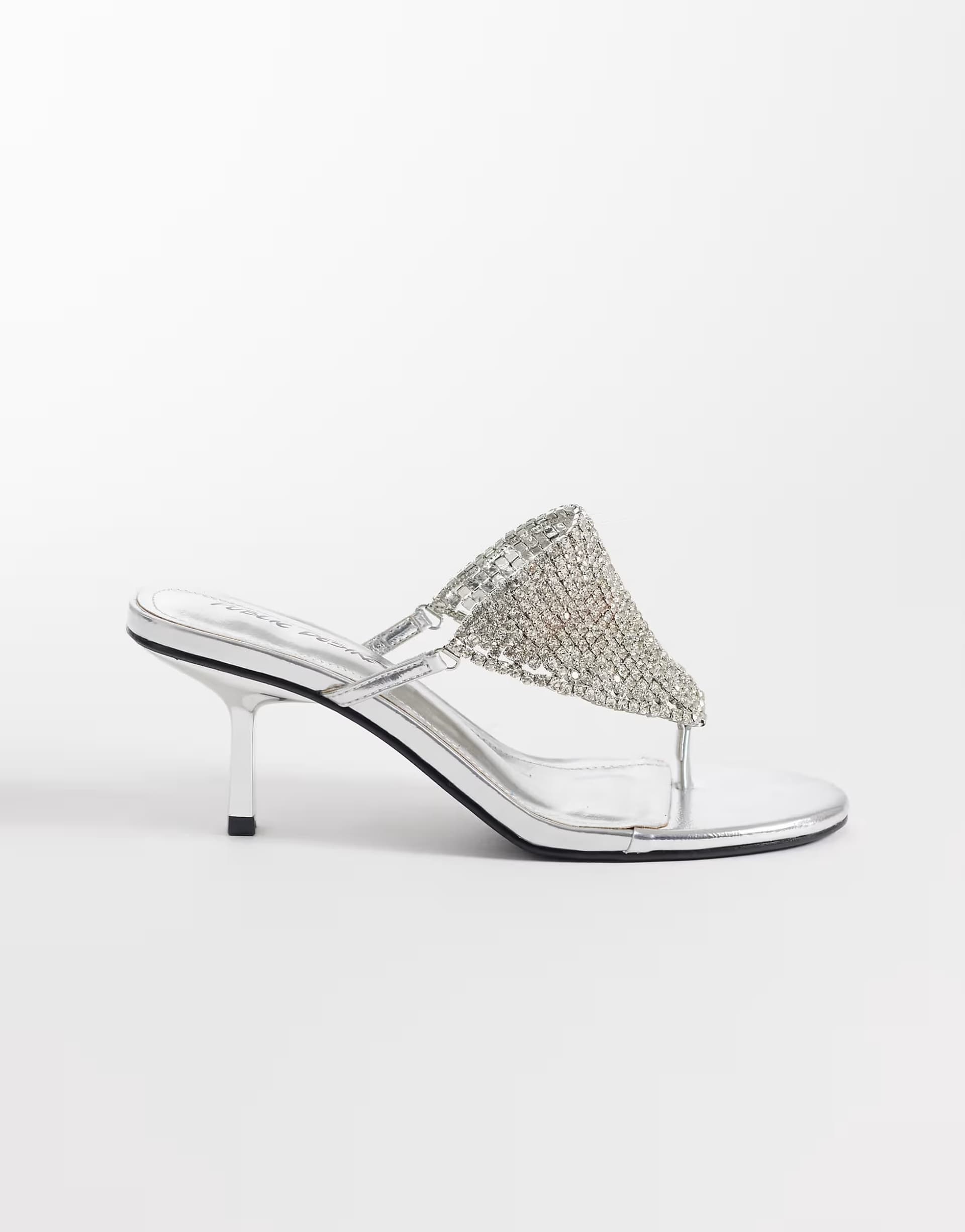 ASOS Public Desire Wide Fit Mima kitten heel sandals with embellishemnt in silver