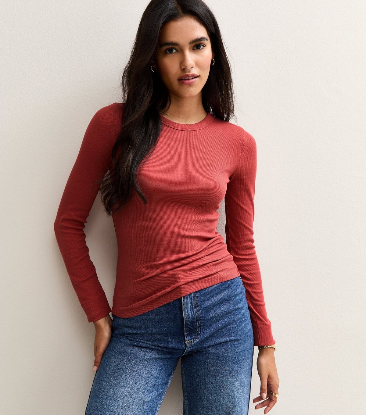 New Look Dark Red Ribbed Crew Neck Long Sleeve Top
