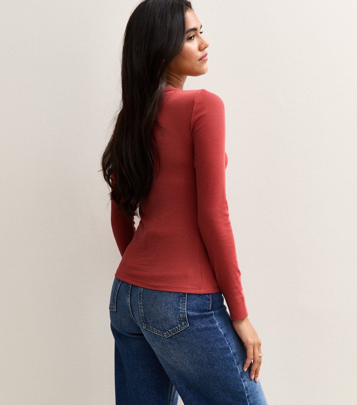 New Look Women's Dark Red Long Sleeve Ribbed Crew Neck Top New Look - 4