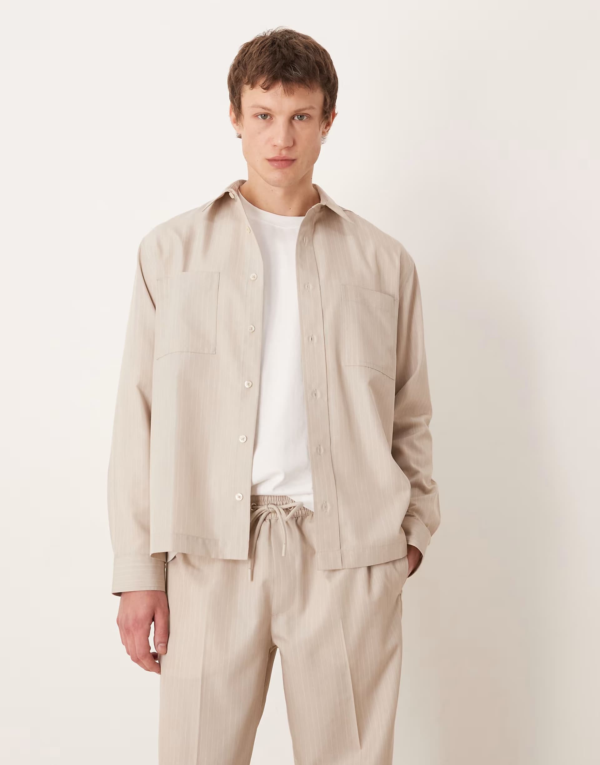 ASOS ASOS DESIGN co-ord smart relaxed stripe shirt in stone