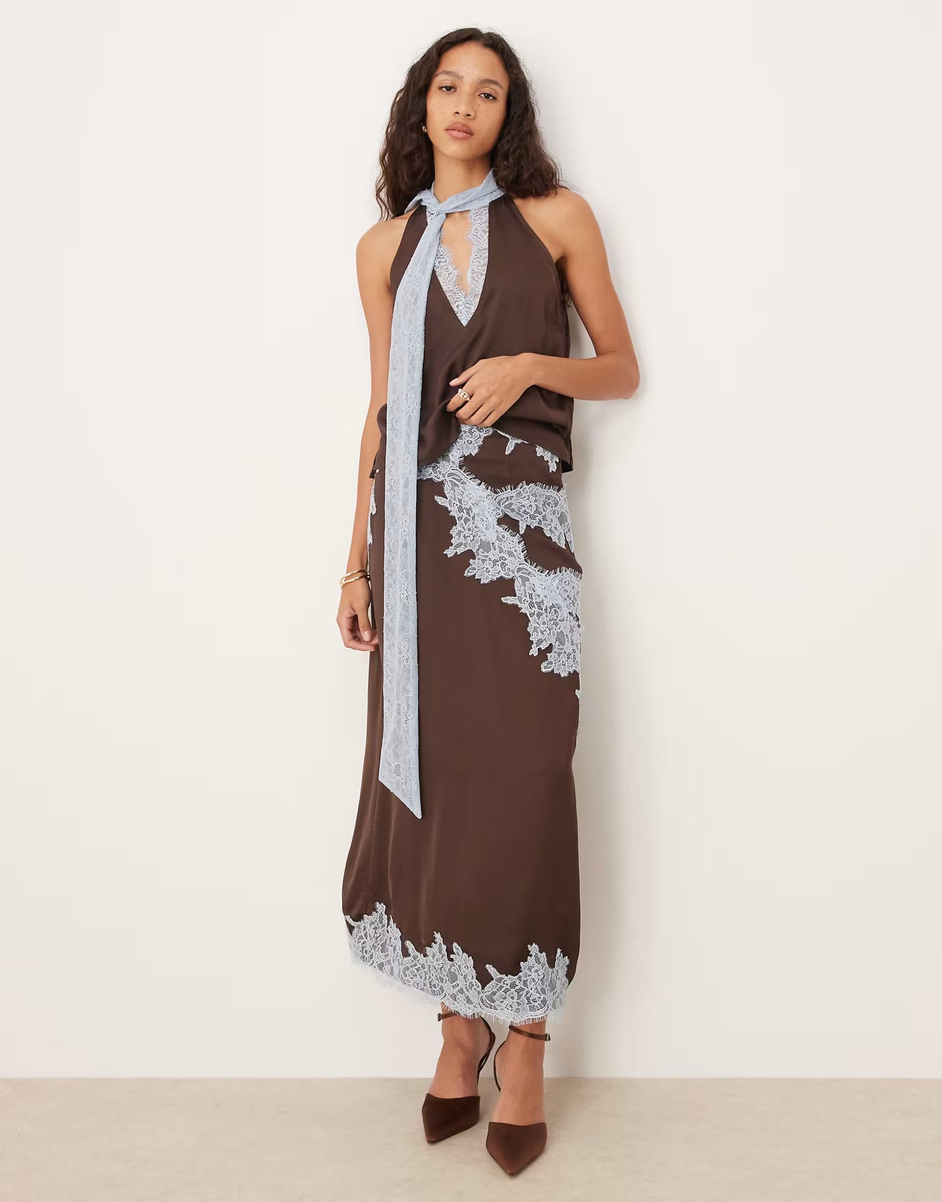 ASOS Chocolate Lace Trim Satin Maxi Skirt Co-ord
