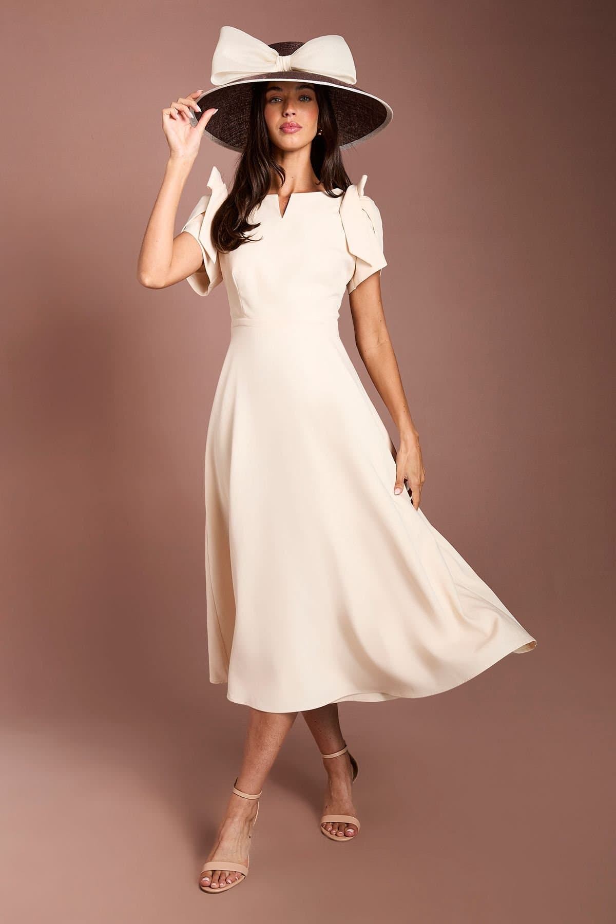 Coast Coast Women's Lisa Tan Bow Shoulder Crepe Full Skirt Midi Dress in Ivory