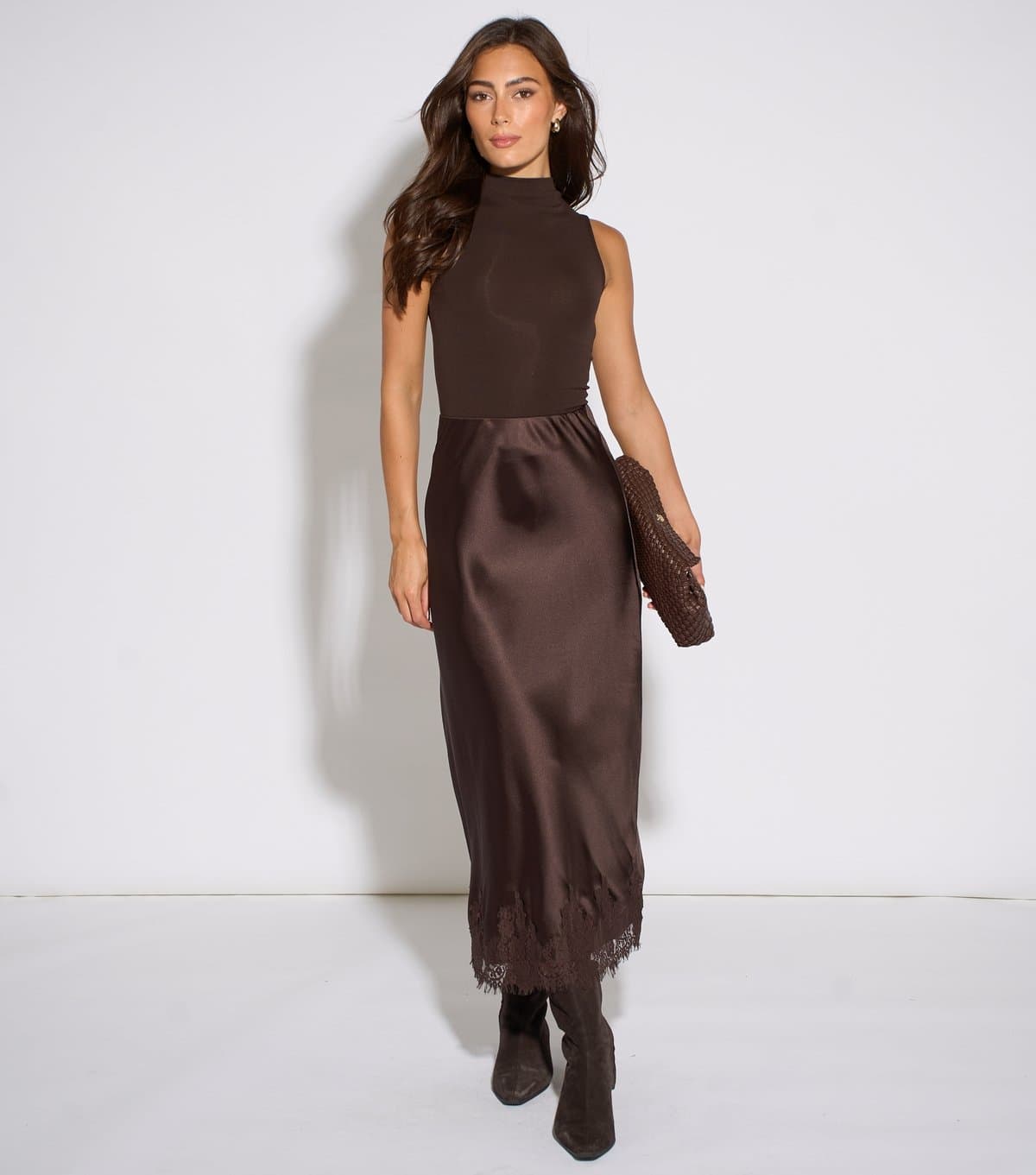 Gini London Women's Dark Brown Satin Lace Trim Bias Midi Skirt Gini London New Look