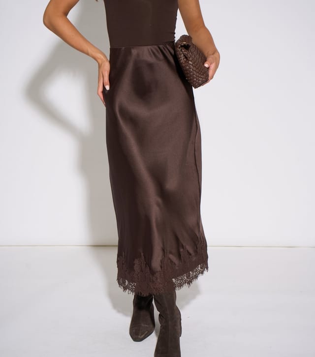 Gini London Women's Dark Brown Satin Lace Trim Bias Midi Skirt Gini London New Look - 2