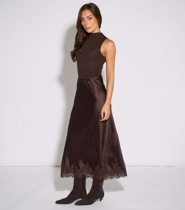 Gini London Women's Dark Brown Satin Lace Trim Bias Midi Skirt Gini London New Look - 3