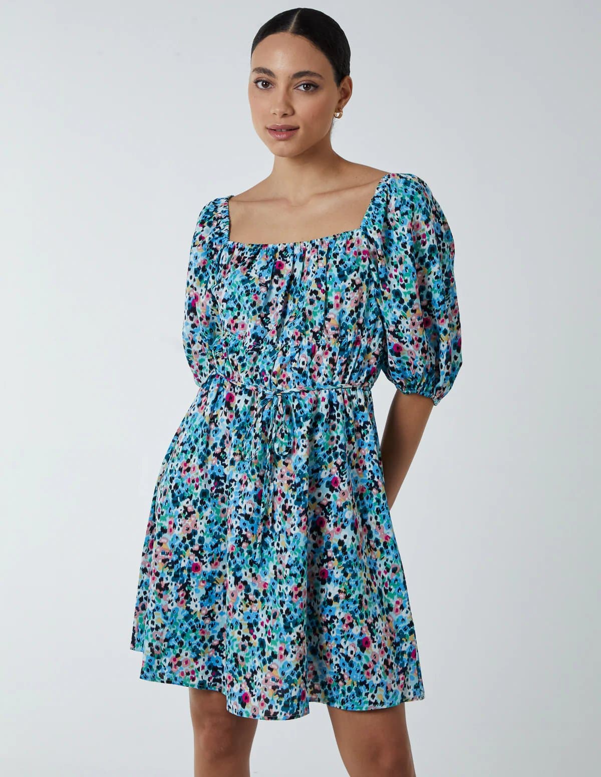 Blue Vanilla Square Neck Milkmaid Puff Sleeve Mini Dress