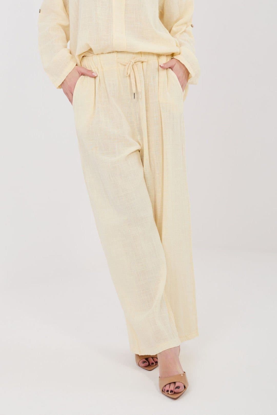 Love Lace Love Lace Women's High Waisted Wide Leg Cotton Trousers with Tie in Cream