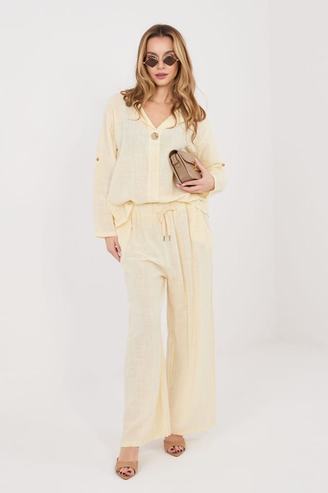 Love Lace Love Lace Women's High Waisted Wide Leg Cotton Trousers with Tie in Cream - 2