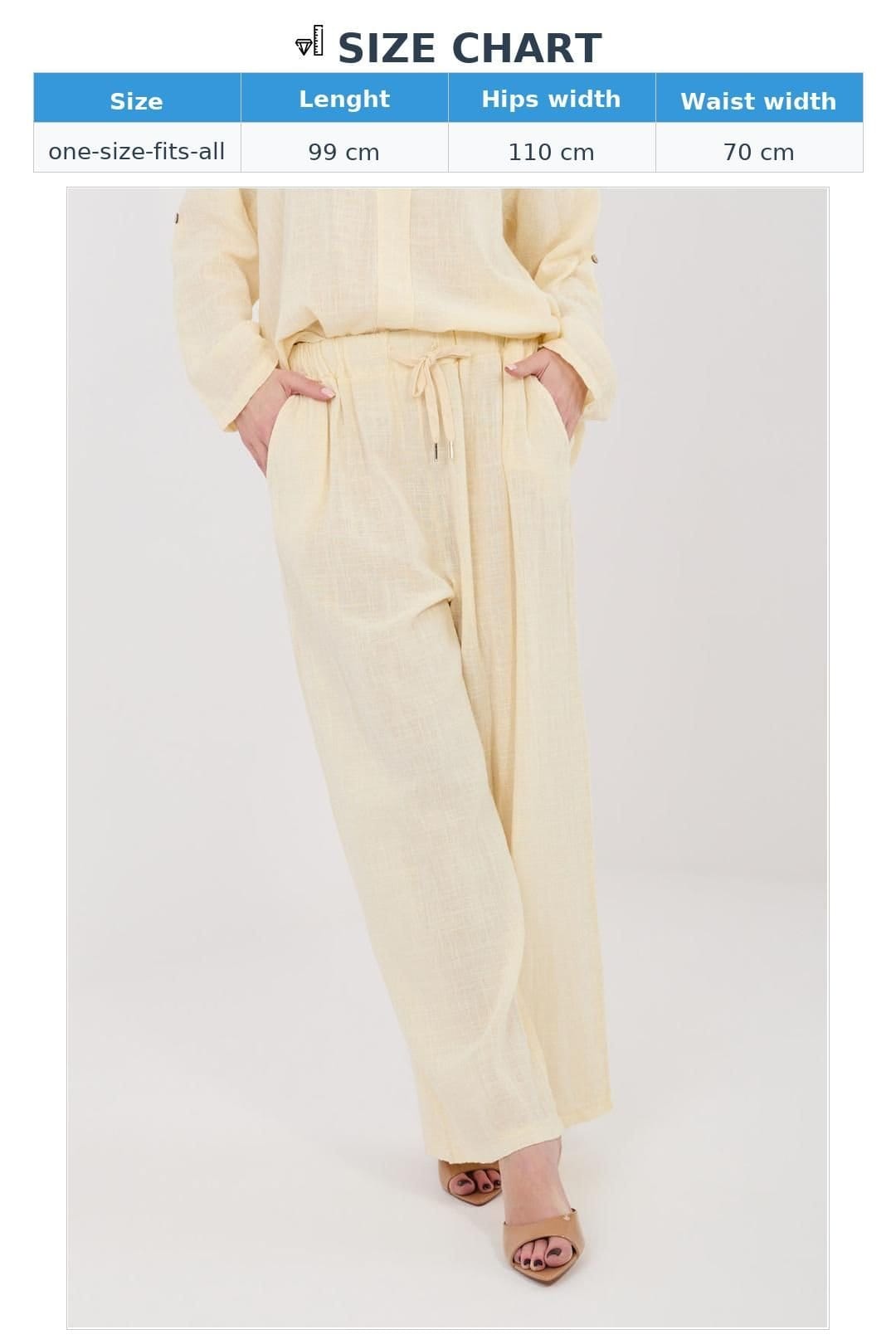 Love Lace Love Lace Women's High Waisted Wide Leg Cotton Trousers with Tie in Cream - 4