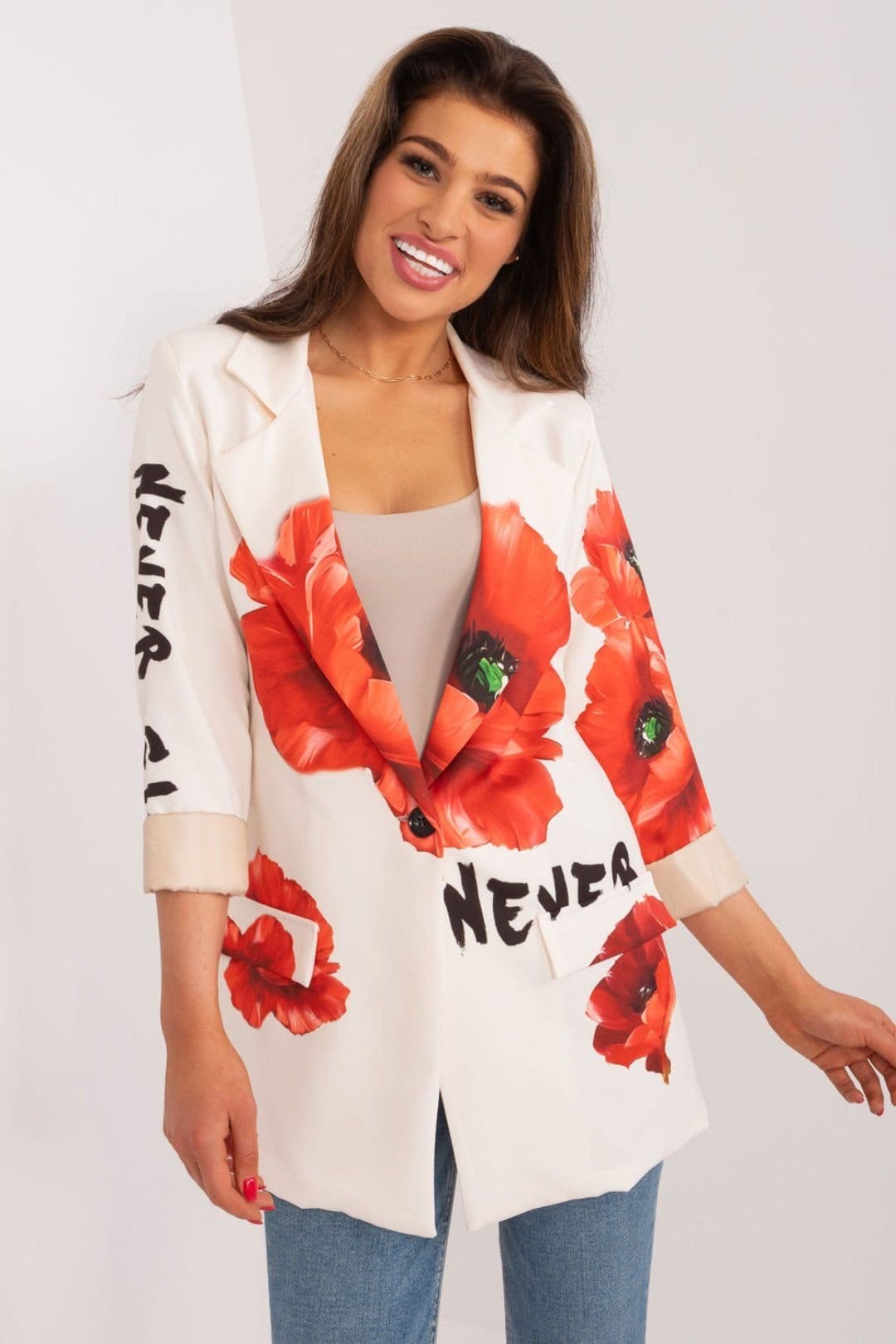 Love Lace Beige Floral Print Polyester Lined Button Jacket
