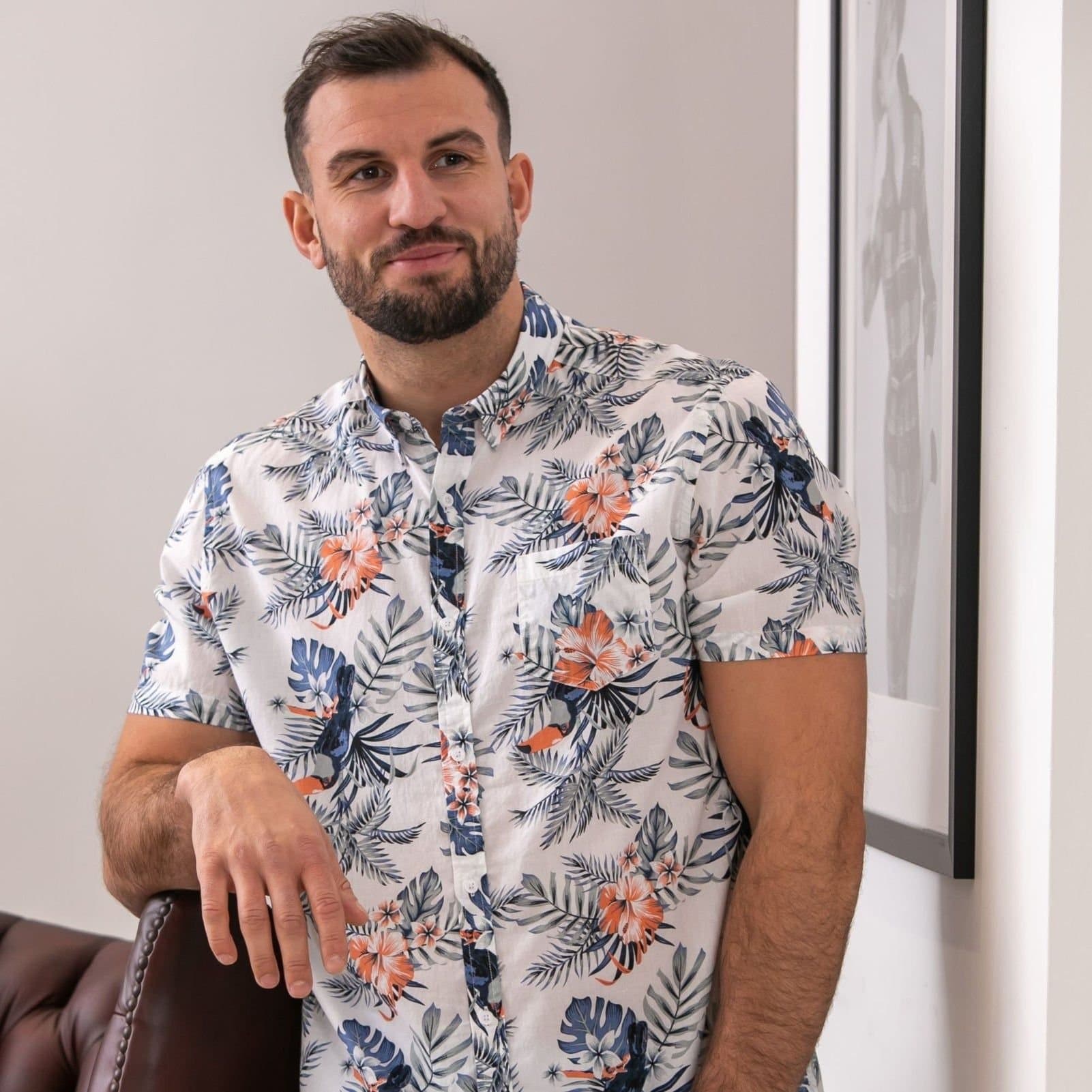 Peter Gribby Peter Gribby Men's Short Sleeve Toucan Print Shirt in White