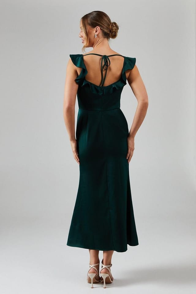 Oasis Oasis Women's Ruffle Square Neck Satin Bridesmaid Midi Dress in Emerald - 3