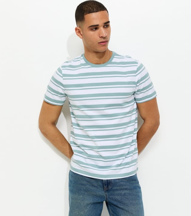 New Look Men's Green Regular Short Sleeve Striped T-Shirt New Look - 2