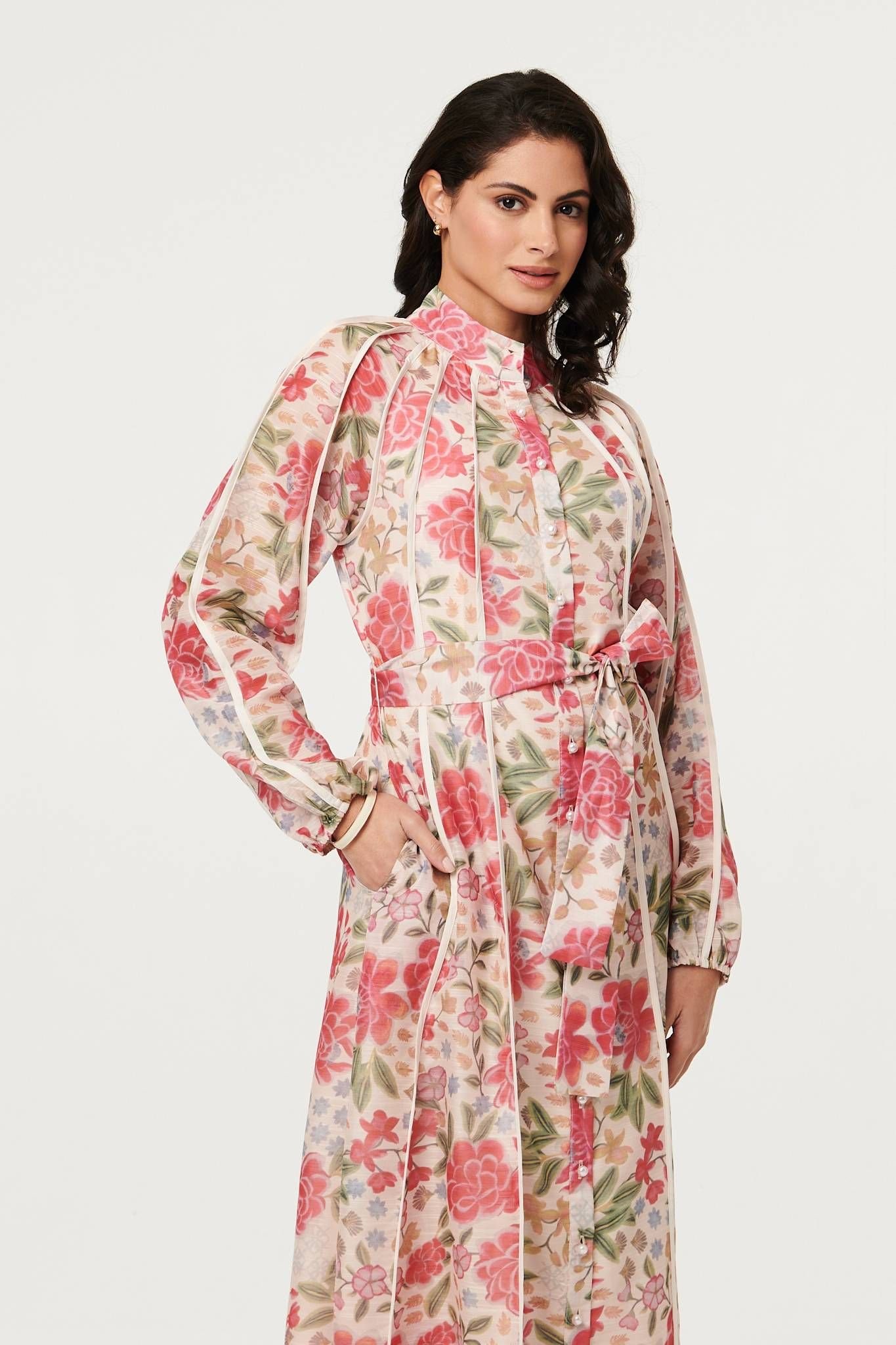 Izabel London Izabel London Women's Floral Tie Waist High Neck Midi Dress in Pink - 2